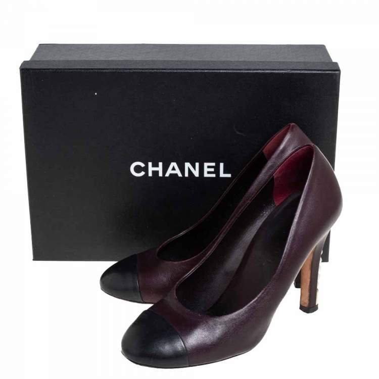 Pre Owned Chanel Burgundy/Black Leather Cap Toe Pearl Embellished Heels Pumps Size 39.5