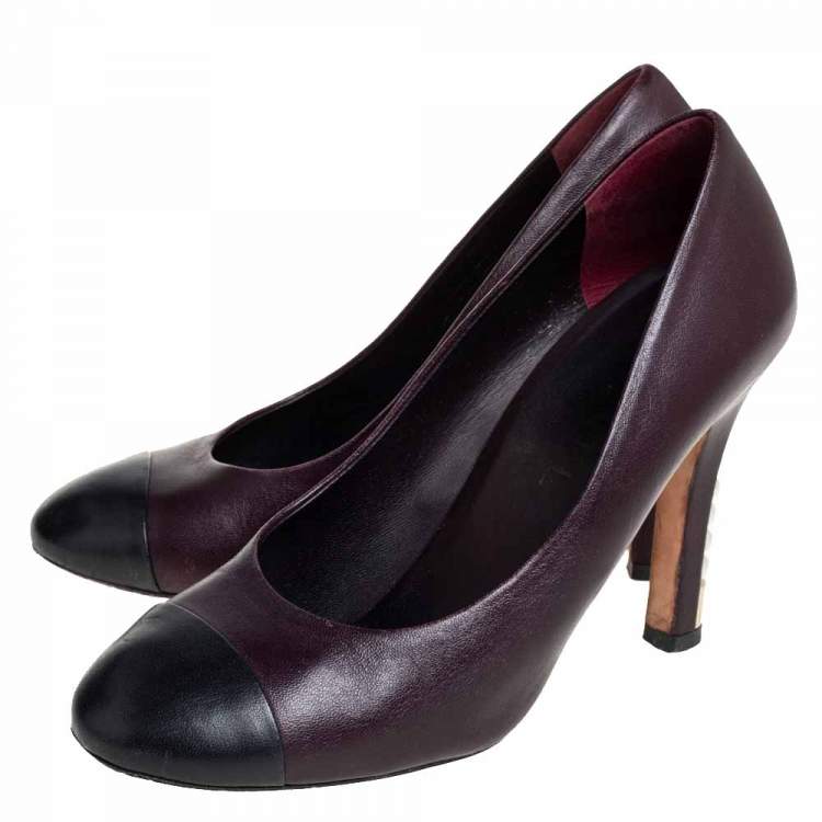 Pre Owned Chanel Burgundy/Black Leather Cap Toe Pearl Embellished Heels Pumps Size 39.5