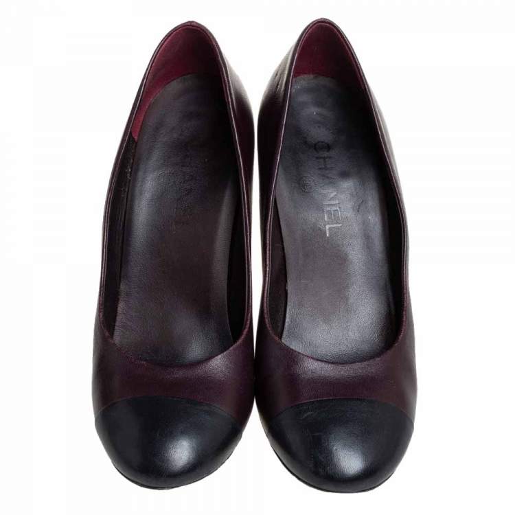 Pre Owned Chanel Burgundy/Black Leather Cap Toe Pearl Embellished Heels Pumps Size 39.5