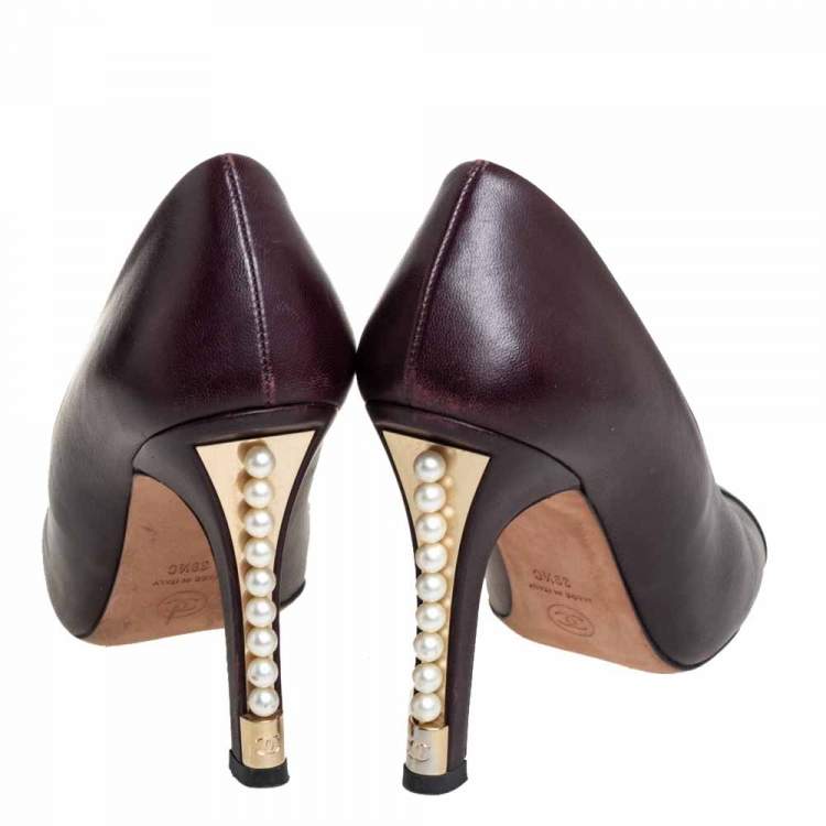 Pre Owned Chanel Burgundy/Black Leather Cap Toe Pearl Embellished Heels Pumps Size 39.5