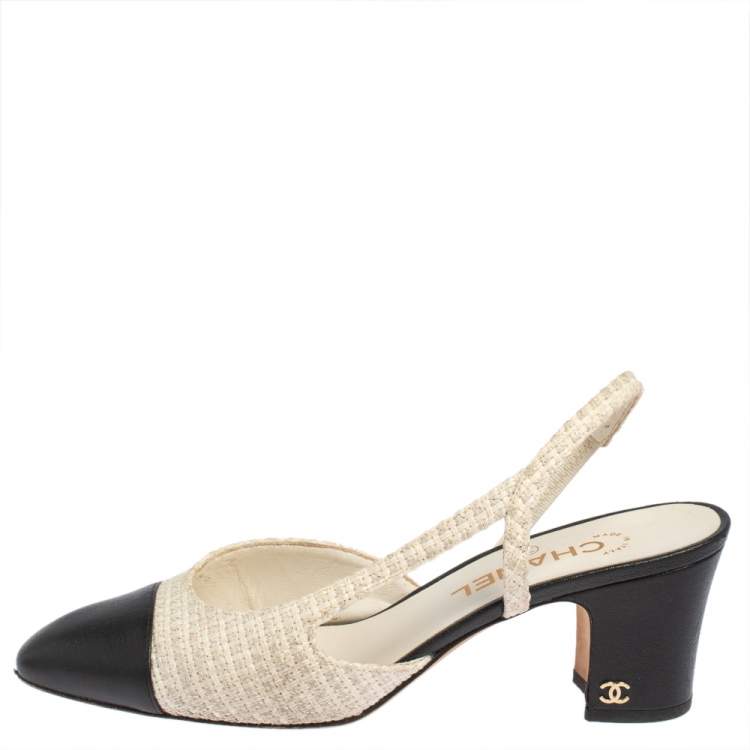Chanel Silver Leather and Black Fabric Cap Toe Slingback Sandals