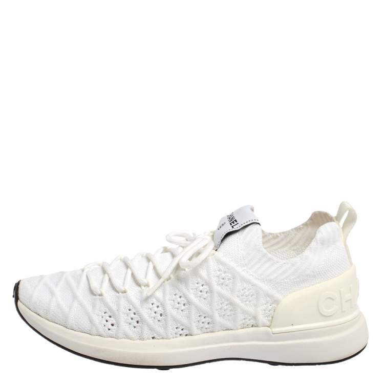 Pre Owned Chanel White Knit Fabric Lace Up Sneakers Size 37