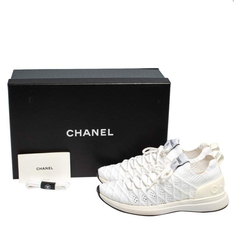 Pre Owned Chanel White Knit Fabric Lace Up Sneakers Size 37