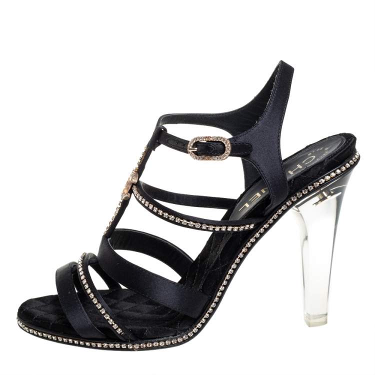 Chanel Black Satin Crystal Embellished Lucite Heel CC Strappy Sandals Size  38.5 Chanel