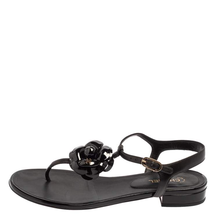 Chanel Black Leather Interlocking CC Camellia T-Strap Sandal Size 39 Chanel