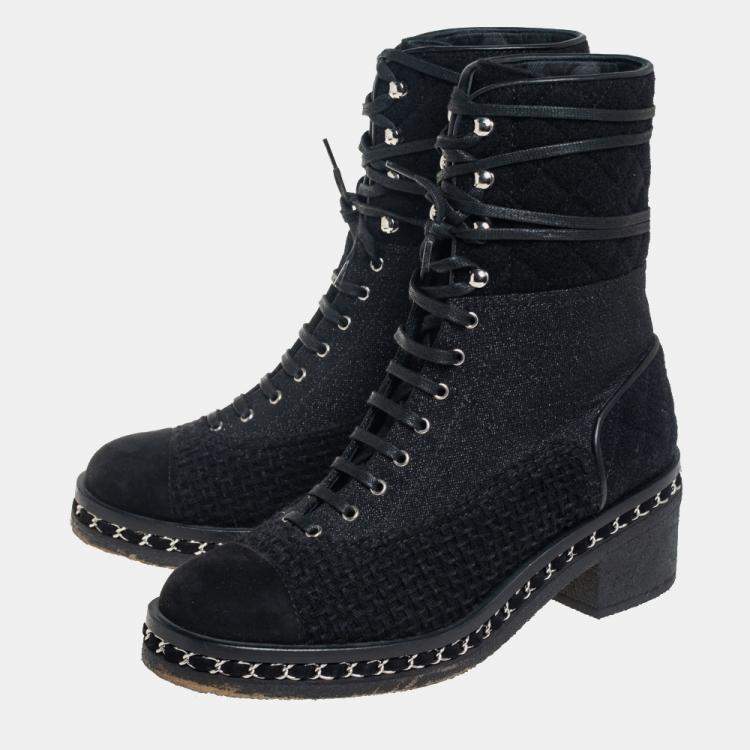 Pre Owned Chanel Black Tweed And Suede  Combat Boots Size 39