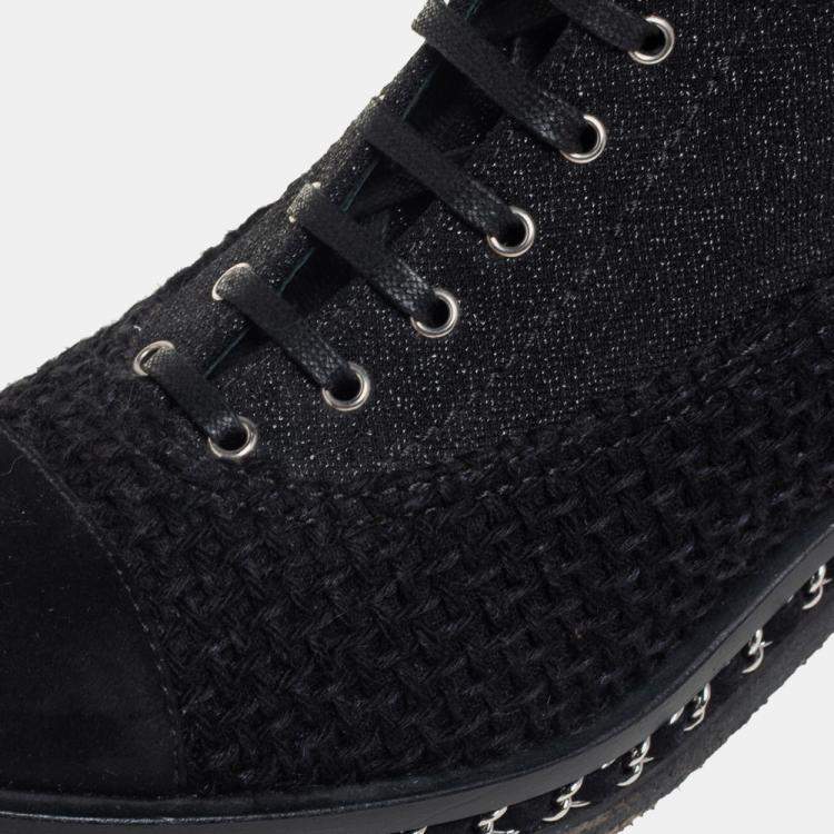 Pre Owned Chanel Black Tweed And Suede  Combat Boots Size 39