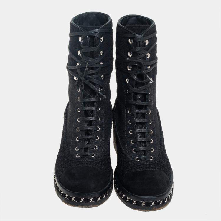 Pre Owned Chanel Black Tweed And Suede  Combat Boots Size 39