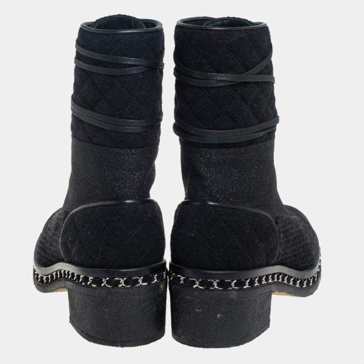 Pre Owned Chanel Black Tweed And Suede  Combat Boots Size 39