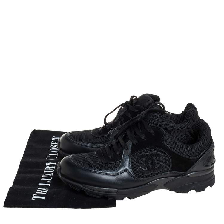 Pre Owned Chanel Black Mesh And Leather CC Low Top Sneakers Size 37.5