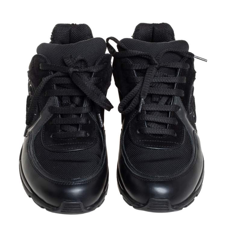 Pre Owned Chanel Black Mesh And Leather CC Low Top Sneakers Size 37.5