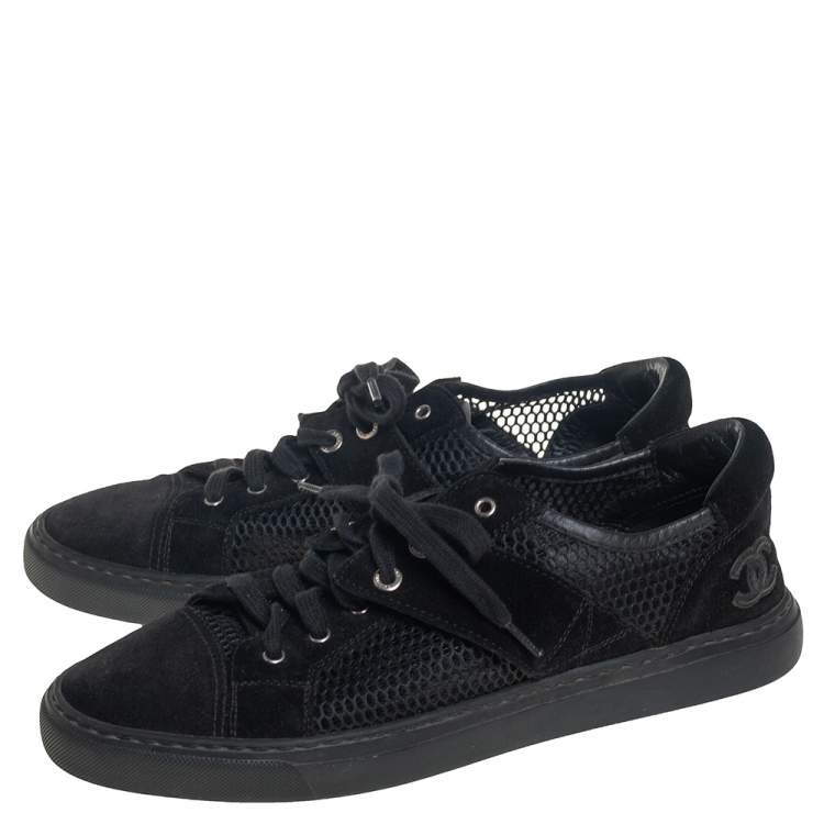Pre Owned Chanel Black Mesh and Suede CC Lace Up Kicks Tennis 3 Sneakers Size 39