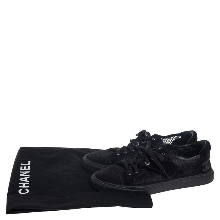 Pre Owned Chanel Black Mesh and Suede CC Lace Up Kicks Tennis 3 Sneakers Size 39