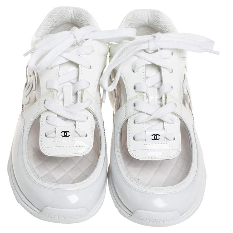 Pre Owned Chanel White Leather And PVC CC Sneakers Size 36