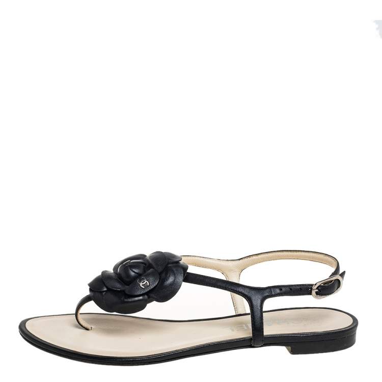 Chanel Black Leather Camellia Thong Flat Sandals Size 36 Chanel | TLC