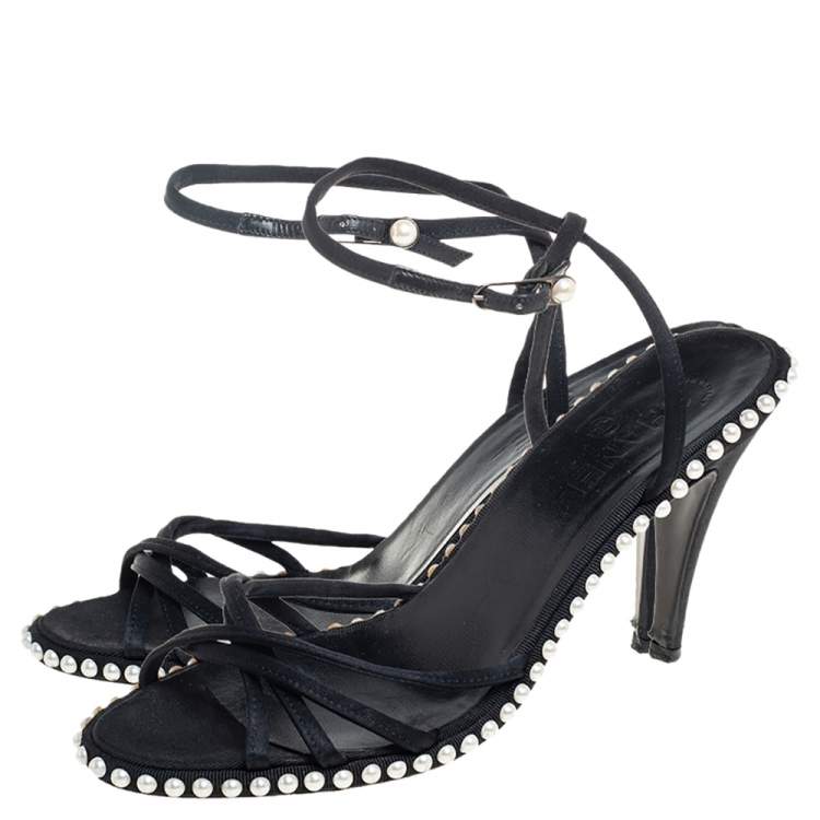 Pre Owned Chanel Black Satin Pearl Embellished Ankle Wrap Sandals Size 39.5