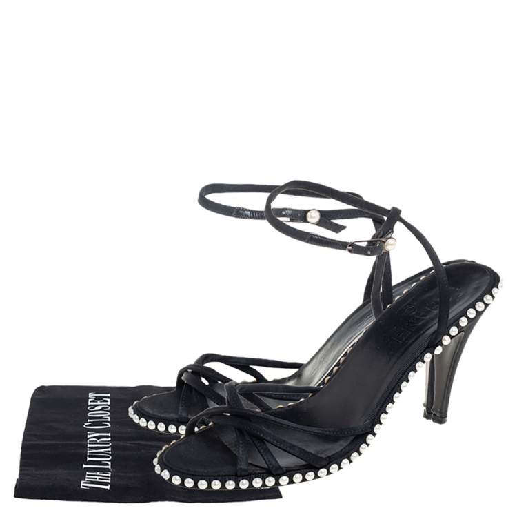 Pre Owned Chanel Black Satin Pearl Embellished Ankle Wrap Sandals Size 39.5