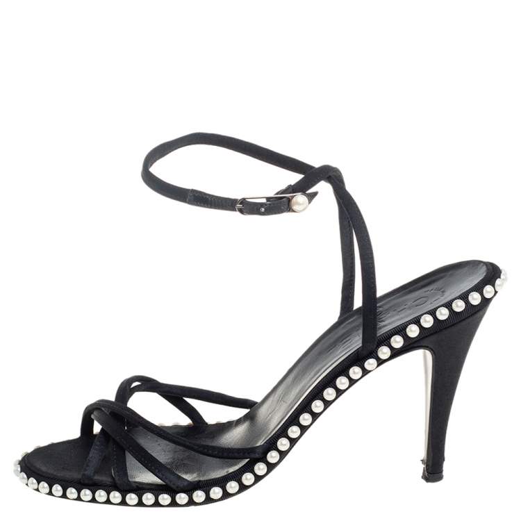 Pre Owned Chanel Black Satin Pearl Embellished Ankle Wrap Sandals Size 39.5