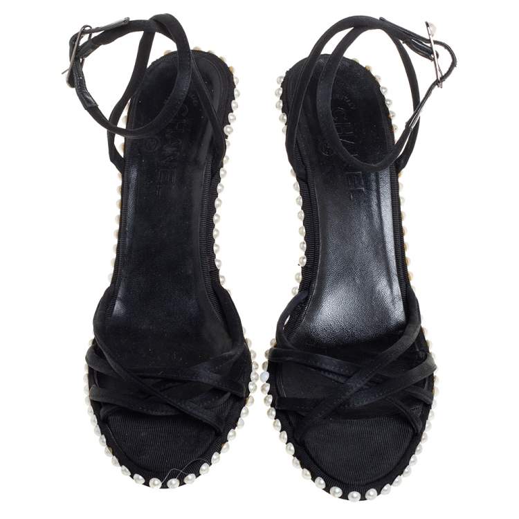 Pre Owned Chanel Black Satin Pearl Embellished Ankle Wrap Sandals Size 39.5