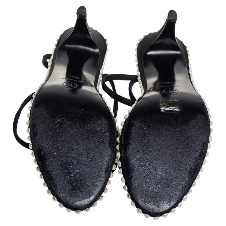 Pre Owned Chanel Black Satin Pearl Embellished Ankle Wrap Sandals Size 39.5