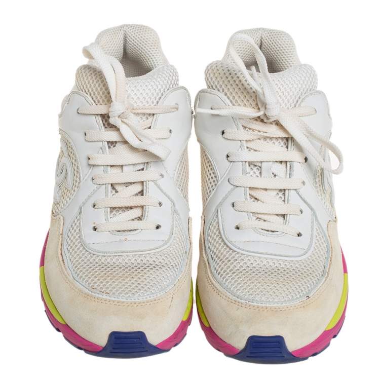 Pre Owned Chanel Multicolor Mesh, Suede, and Leather CC Lace Up Sneakers Size 38.5