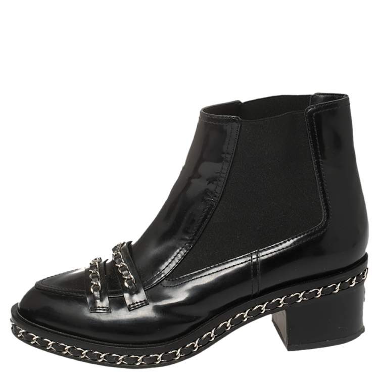 Chanel Black Patent Leather and Fabric Chain Embellished Ankle Boots Size  40 Chanel | TLC