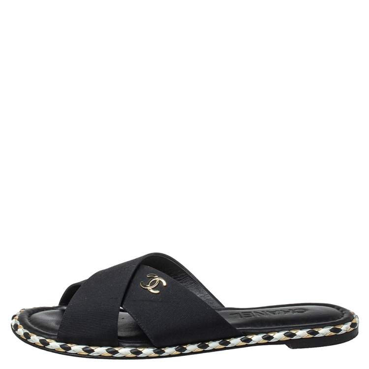 Chanel REV Black Fabric Criss Cross Puffy CC Logo Slide Mule Sandal Flop  Flat 36