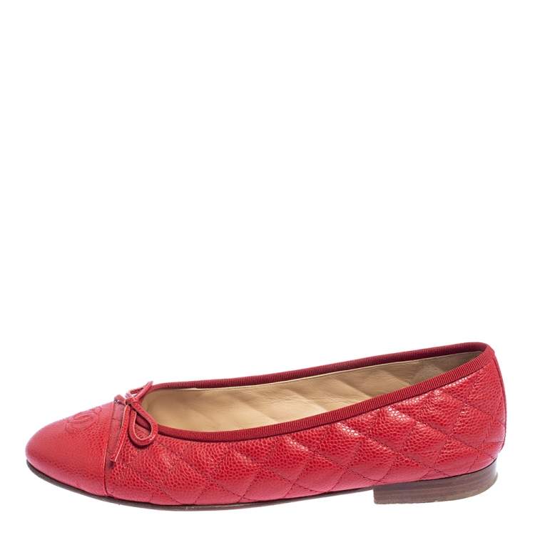 Chanel Red Quilted Caviar Leather CC Bow Ballet Flats Size 39 Chanel