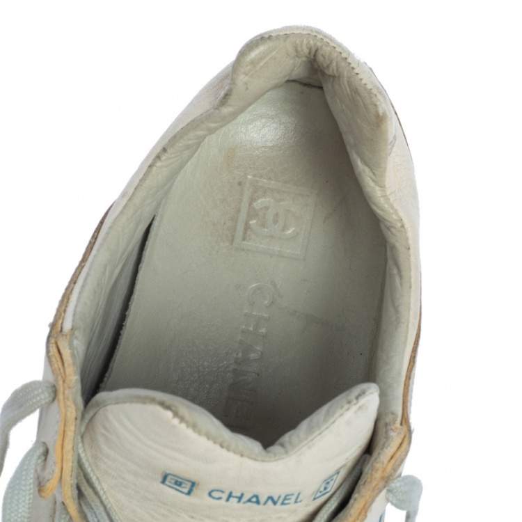 Pre Owned Chanel White Leather Lace Up  Sneakers Size 39