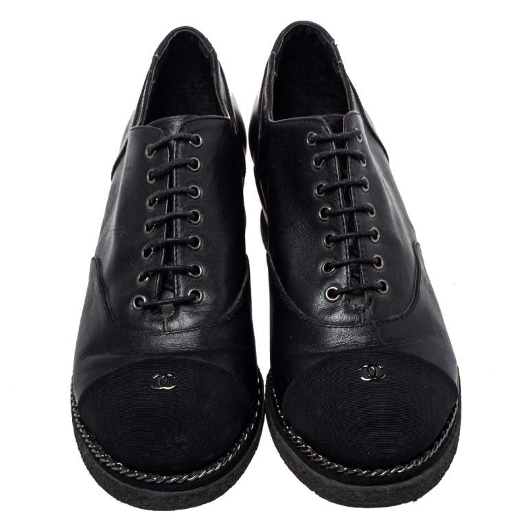 Pre Owned Chanel Black Leather And Fabric CC Cap Toe Wedge Oxford Size 36