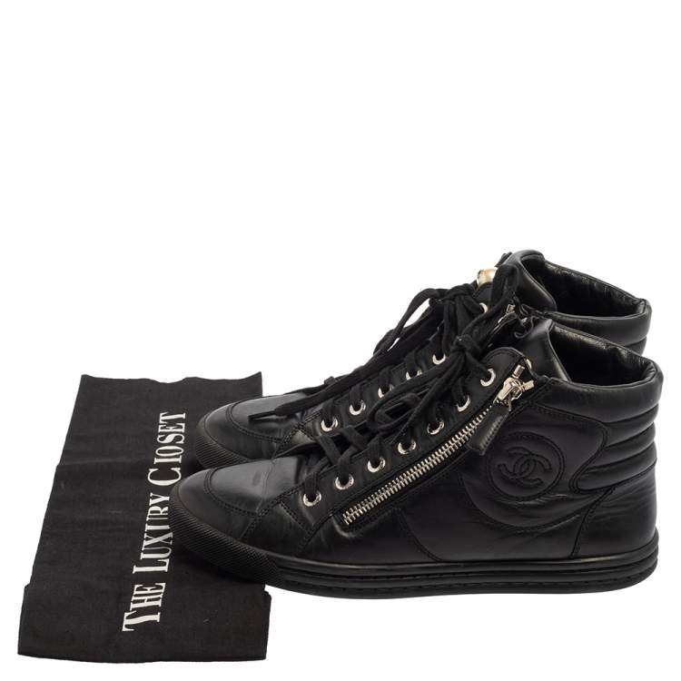 Pre Owned Chanel Black Leather CC High Top Sneakers Size 38.5