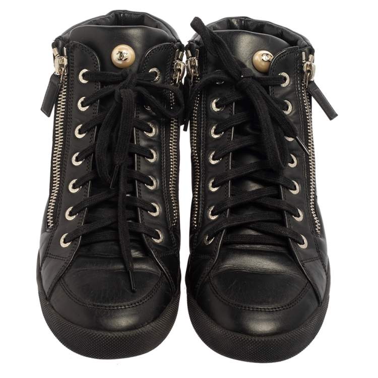 Pre Owned Chanel Black Leather CC High Top Sneakers Size 38.5