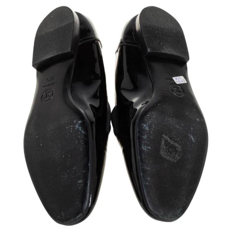 Pre Owned Chanel Black Patent Leather CC Smoking Slippers Size 37.5