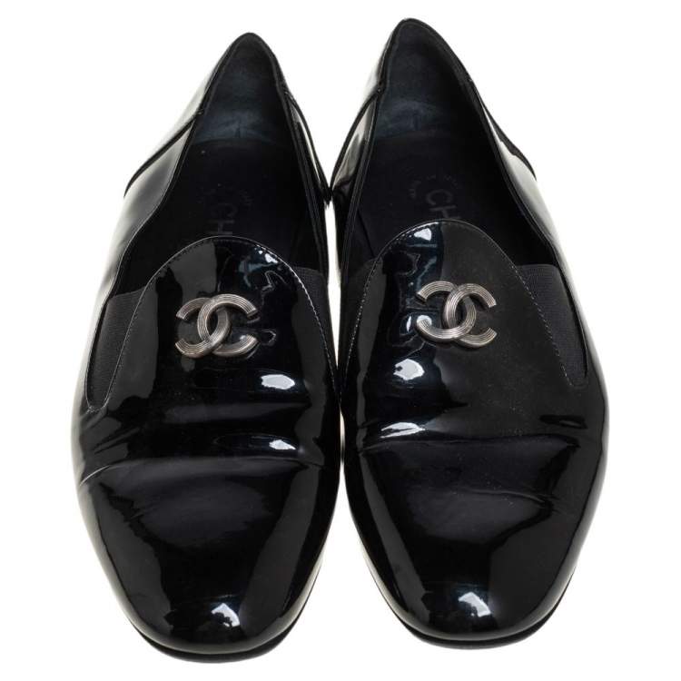 Pre Owned Chanel Black Patent Leather CC Smoking Slippers Size 37.5