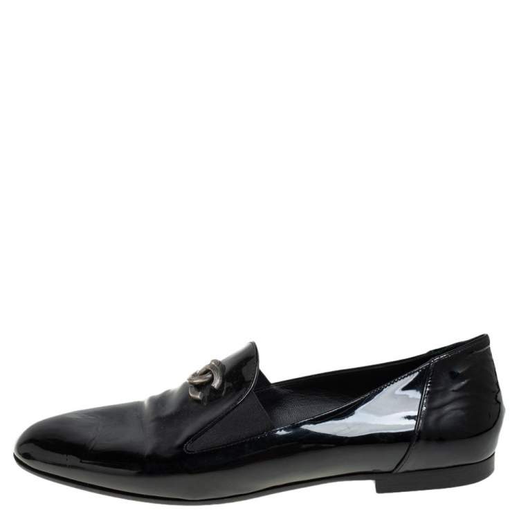 Pre Owned Chanel Black Patent Leather CC Smoking Slippers Size 37.5