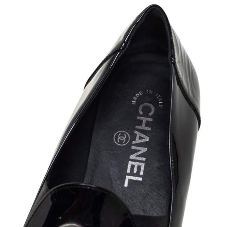 Pre Owned Chanel Black Patent Leather CC Smoking Slippers Size 37.5