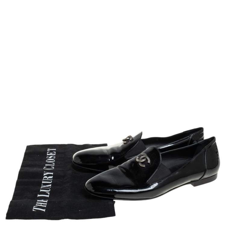 Pre Owned Chanel Black Patent Leather CC Smoking Slippers Size 37.5