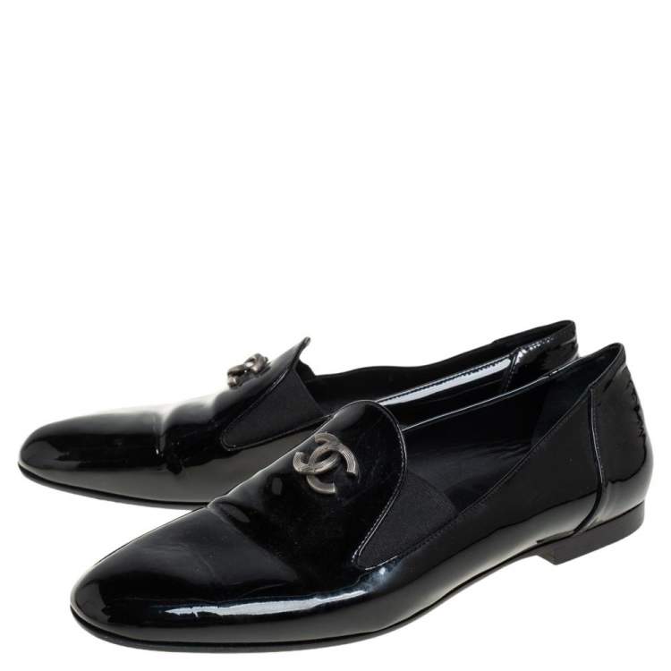 Pre Owned Chanel Black Patent Leather CC Smoking Slippers Size 37.5