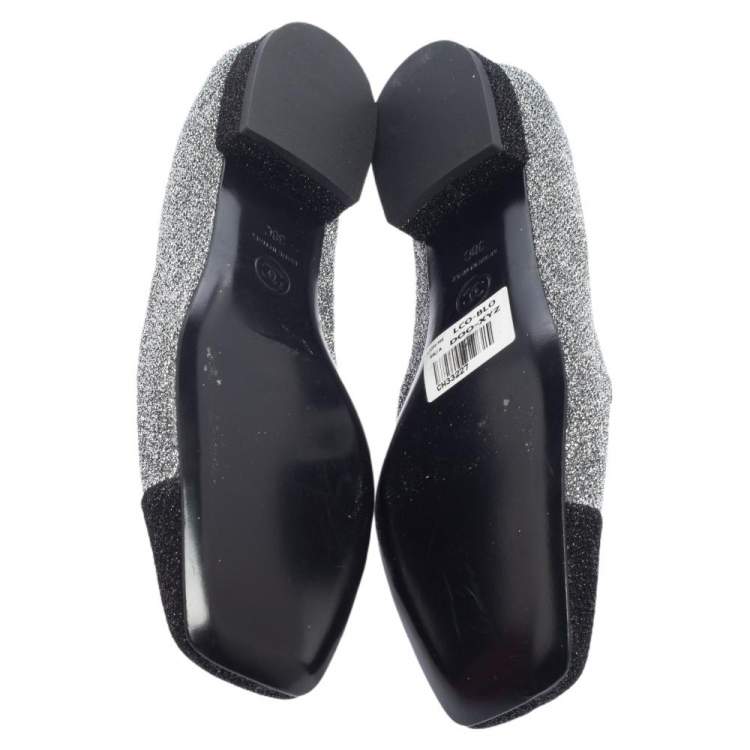 Pre Owned Chanel Silver/Black Lurex Fabric Square Cap Toe Smoking Slippers Size 38