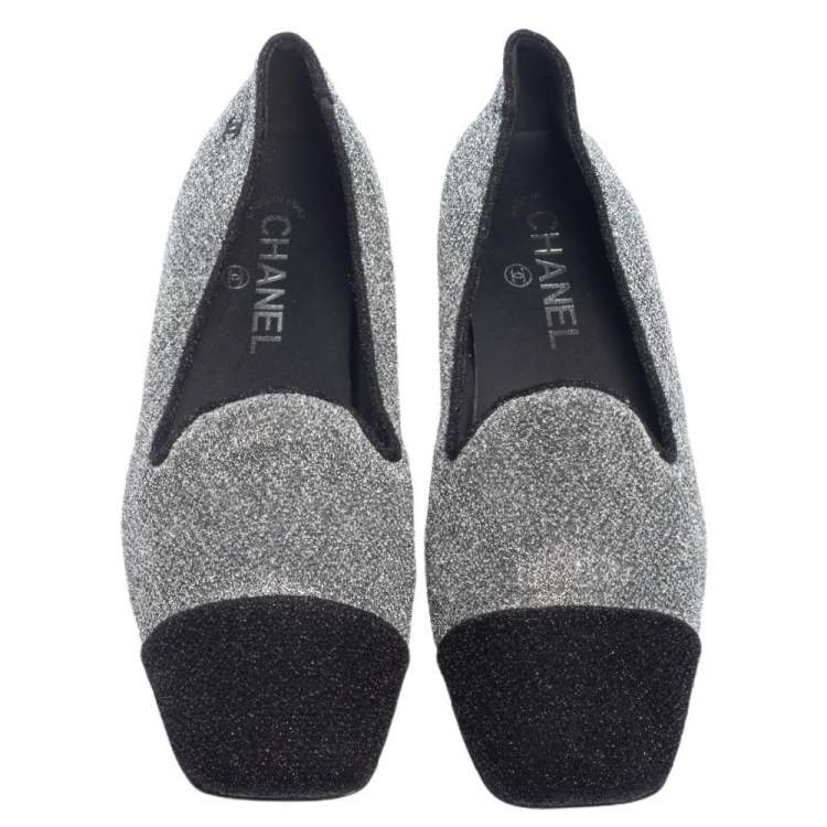Pre Owned Chanel Silver/Black Lurex Fabric Square Cap Toe Smoking Slippers Size 38
