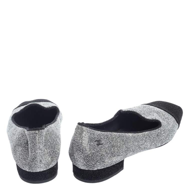 Pre Owned Chanel Silver/Black Lurex Fabric Square Cap Toe Smoking Slippers Size 38