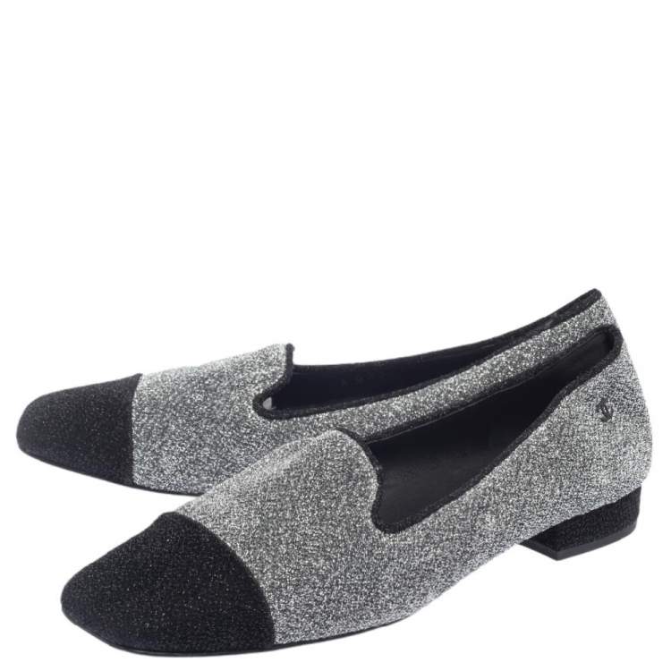 Pre Owned Chanel Silver/Black Lurex Fabric Square Cap Toe Smoking Slippers Size 38