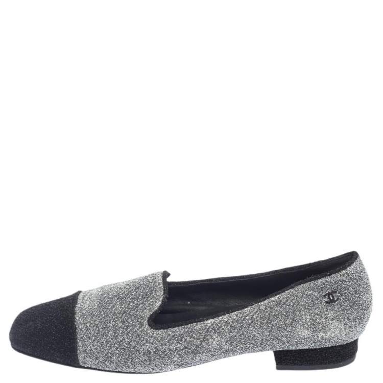Pre Owned Chanel Silver/Black Lurex Fabric Square Cap Toe Smoking Slippers Size 38