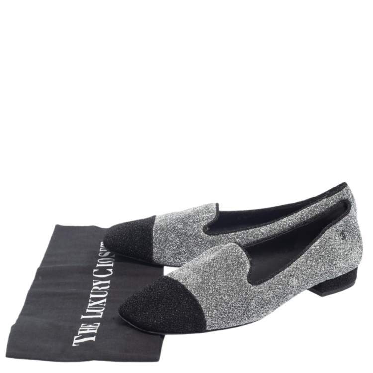 Pre Owned Chanel Silver/Black Lurex Fabric Square Cap Toe Smoking Slippers Size 38
