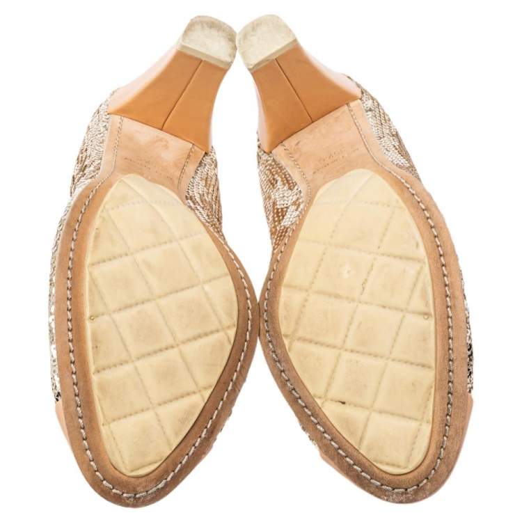 Pre Owned Chanel Gold/ Beige Leather And Sequin CC Pumps Size 35.5