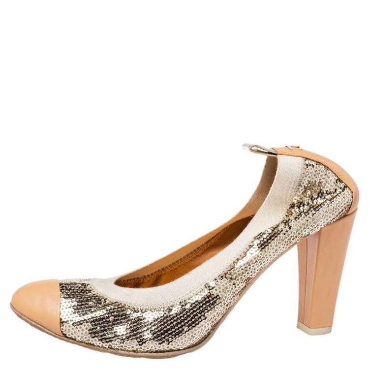 Pre Owned Chanel Gold/ Beige Leather And Sequin CC Pumps Size 35.5