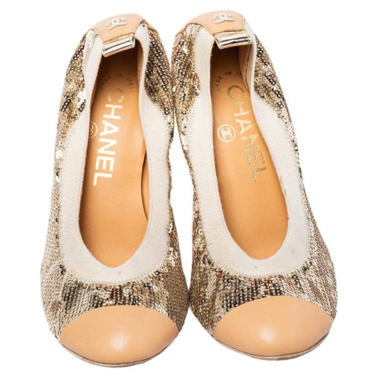 Pre Owned Chanel Gold/ Beige Leather And Sequin CC Pumps Size 35.5