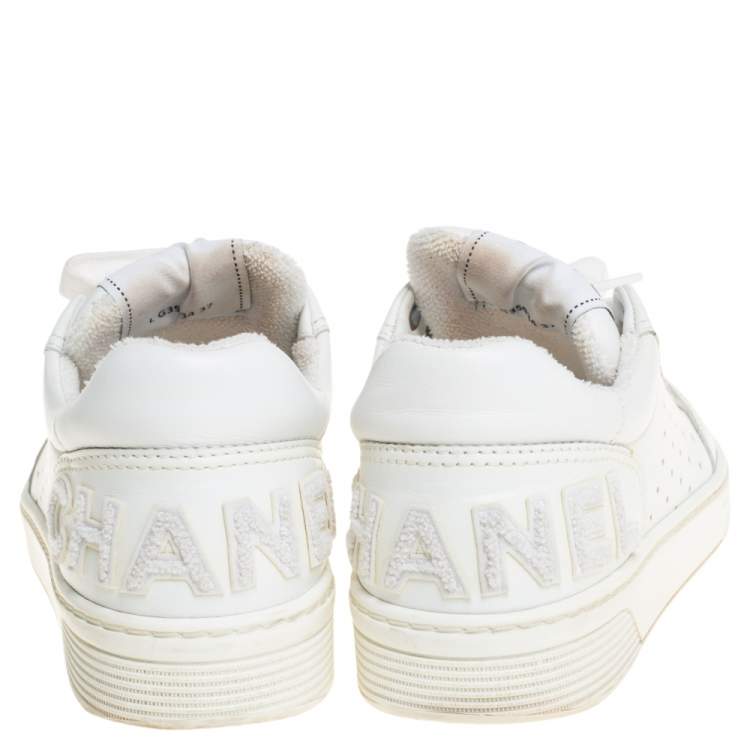 Pre Owned Chanel White Perforated Leather Low Top Sneakers Size 37