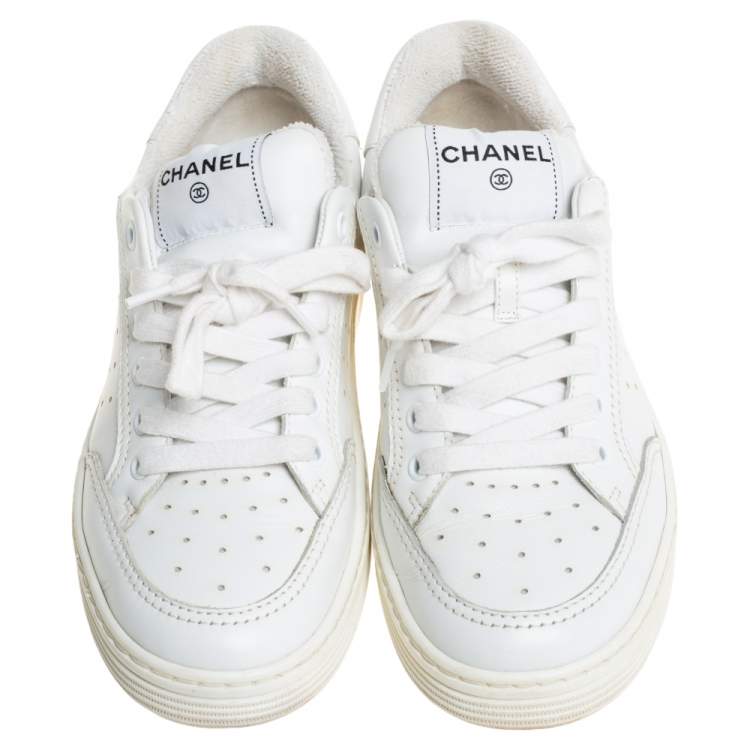 Pre Owned Chanel White Perforated Leather Low Top Sneakers Size 37