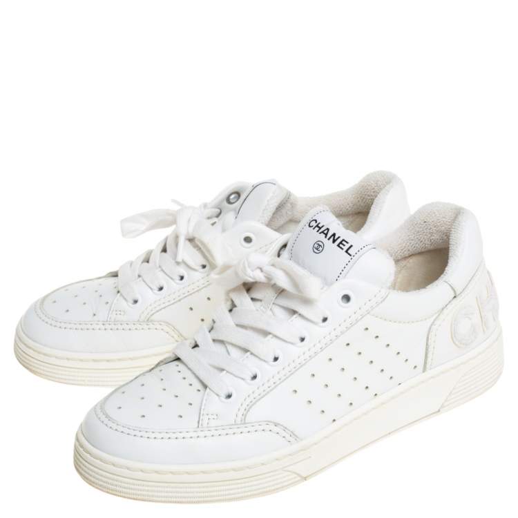 Pre Owned Chanel White Perforated Leather Low Top Sneakers Size 37